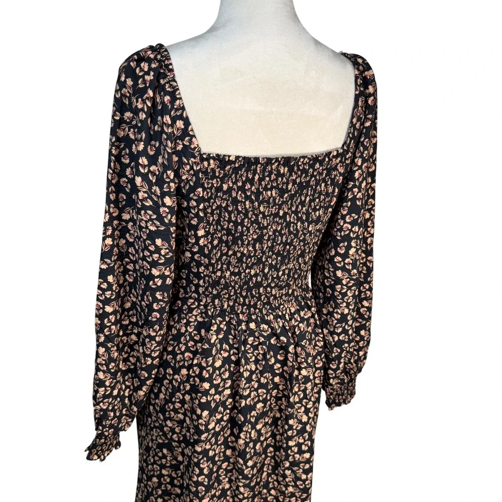 a.n.a Floral Sweetheart Midi Dress Pockets Smocked Balloon Sleeve M Boho Retro - Picture 5 of 16